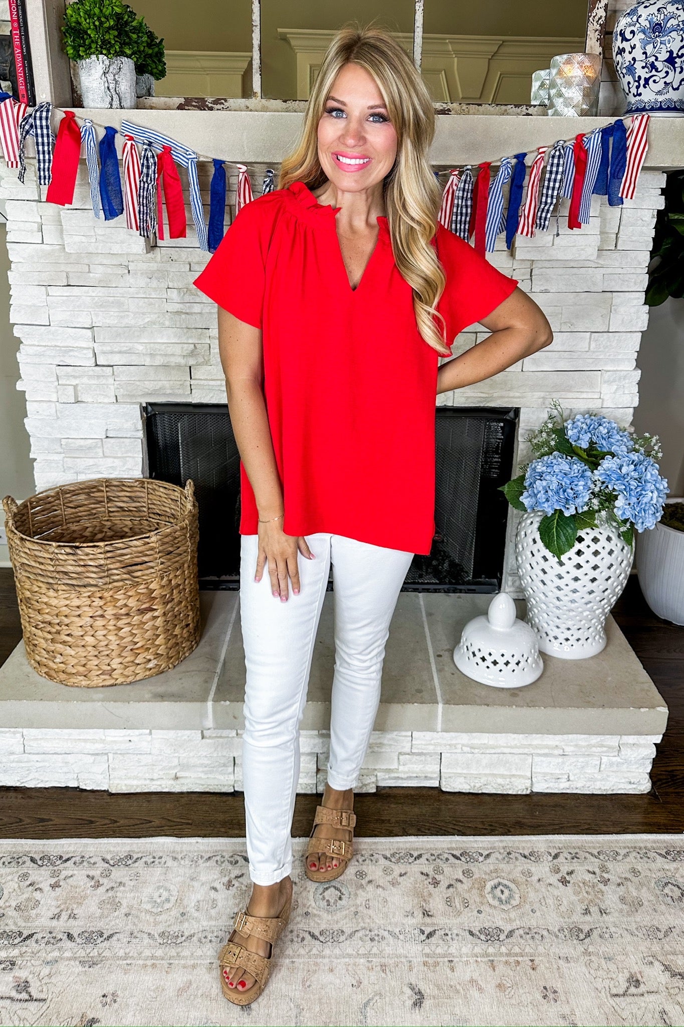 Ruffle V Neck Drop Sleeve Shift Top in Red