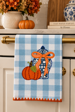 Blue Gingham Pumpkin Applique Topiary Towel