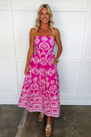 The Emily Strapless Midi Dress in Magenta