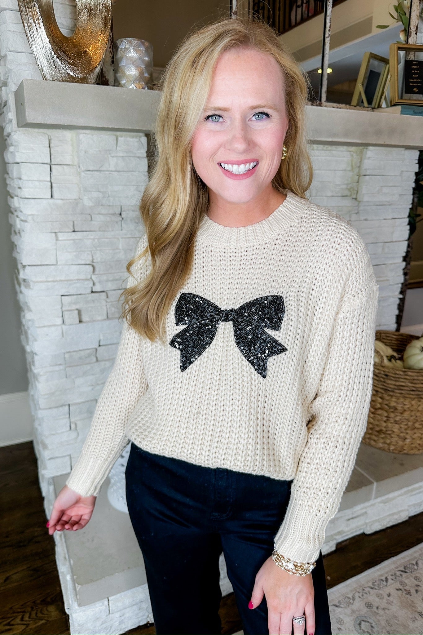 Black Sequin Coquette Bow Oatmeal Knit Sweater