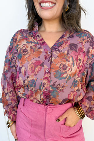 Watercolor Hour Floral Top in Dusty Mauve