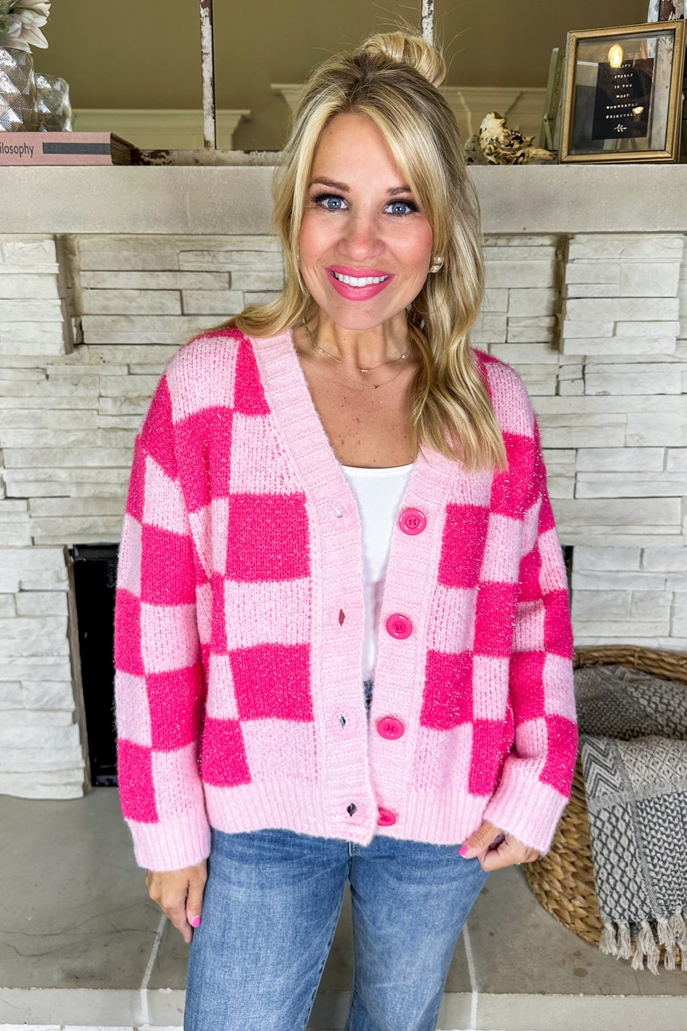 Cozy Pink Checkered V Neck Button Down Cardigan