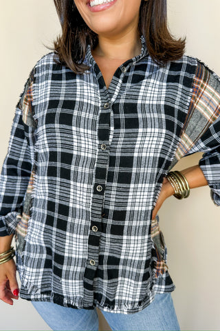 Mixed Plaid Button Down Black Flannel