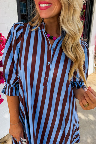 Stripe Me Pretty Dress in Blue & Brown