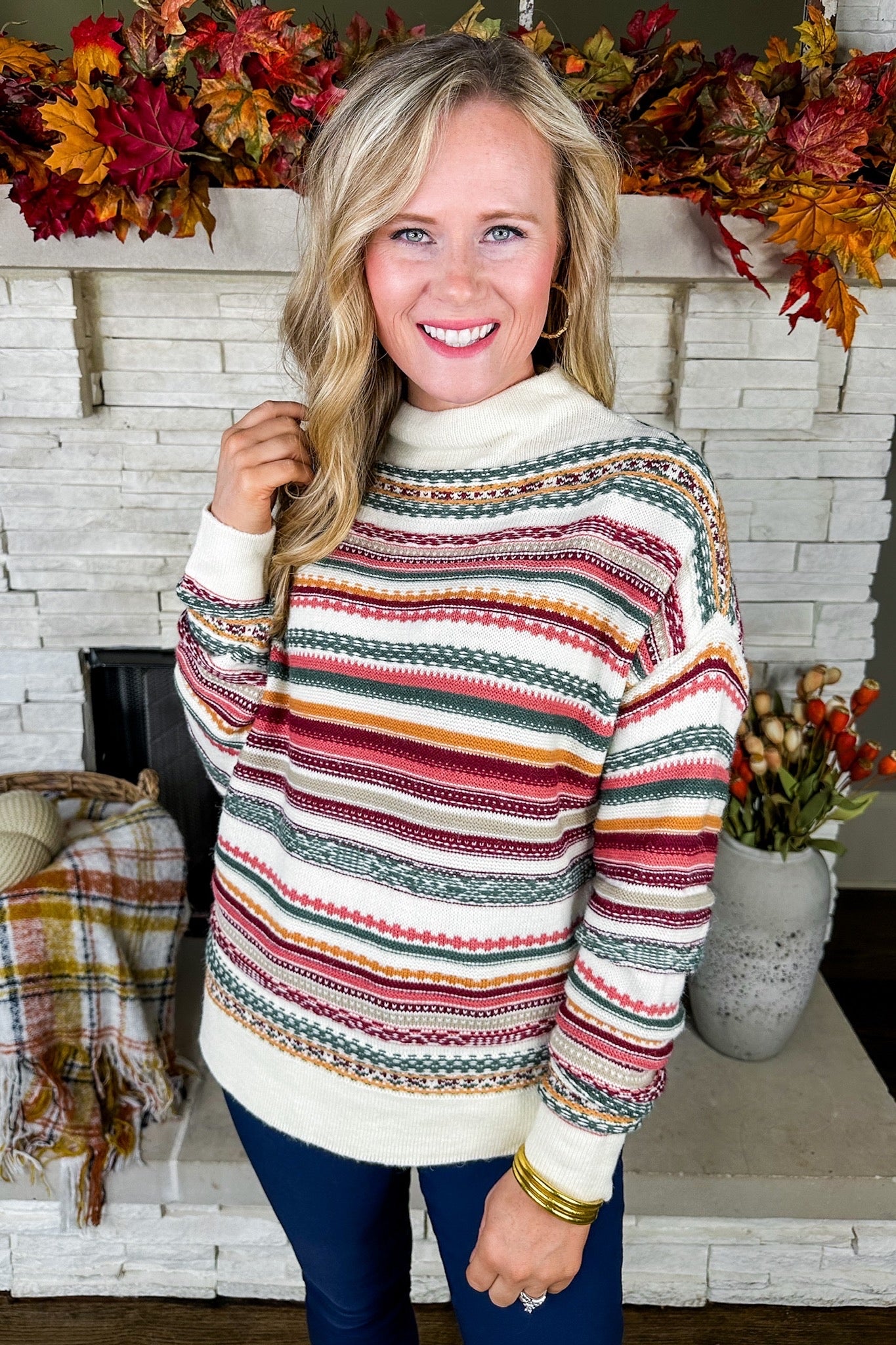 High Neck Multi Stripe Knit Sweater in Berry Jewel Tones