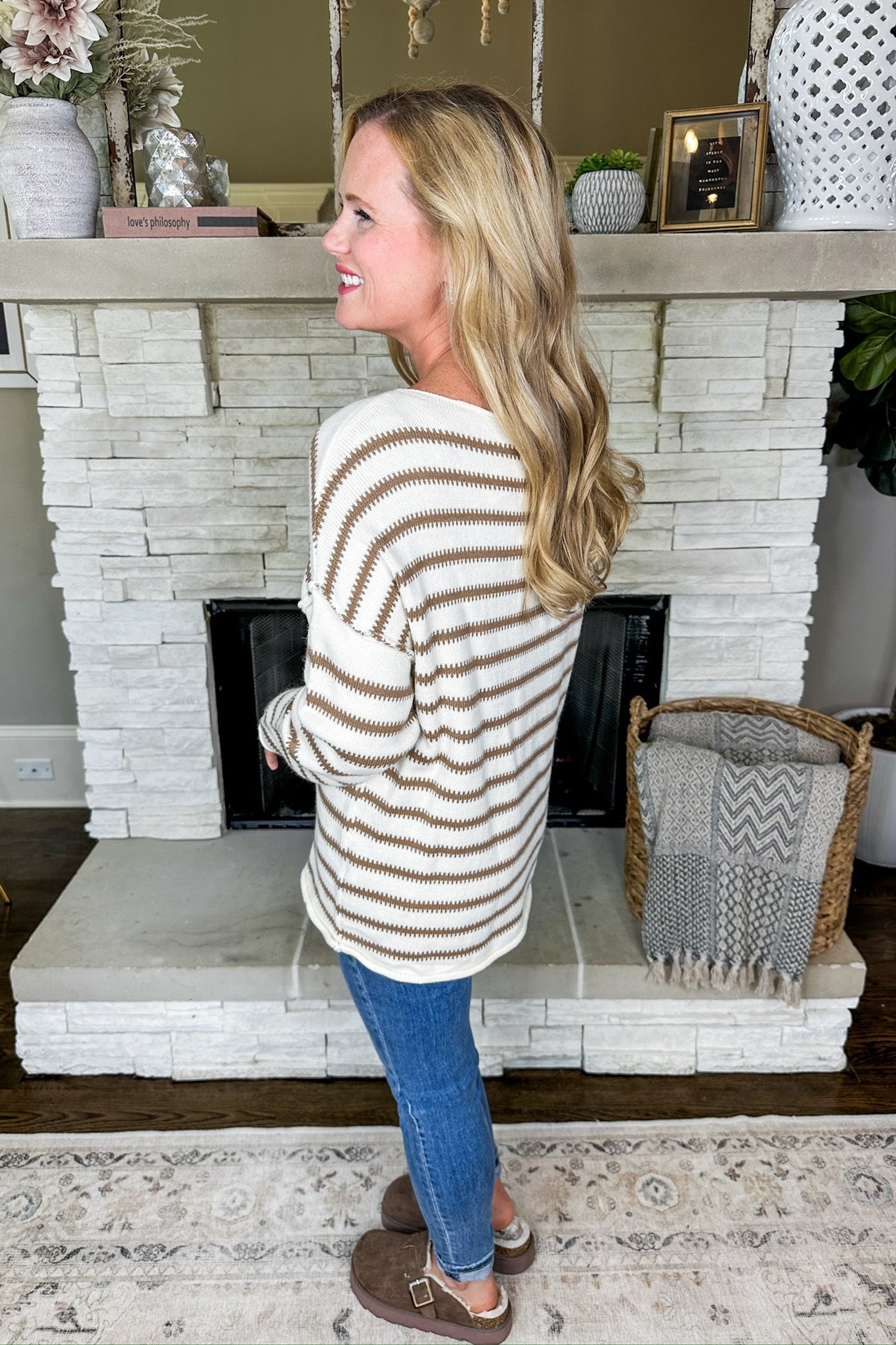 Stay On Track Striped Knit Sweater in Off White & Mocha