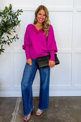Romantic Touch Lace V Neck Sweater in Magenta