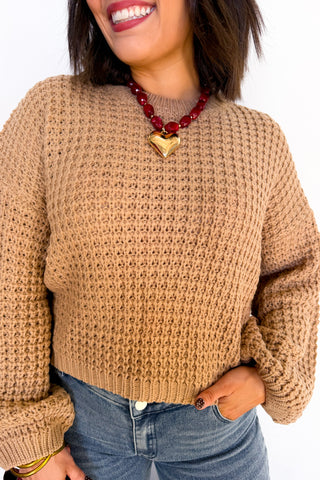 Dear Scarlett Bella Waffle Knit Crewneck Sweater in Camel