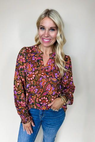 Dear Scarlett Liz Smocked Long Sleeve Top in Olive