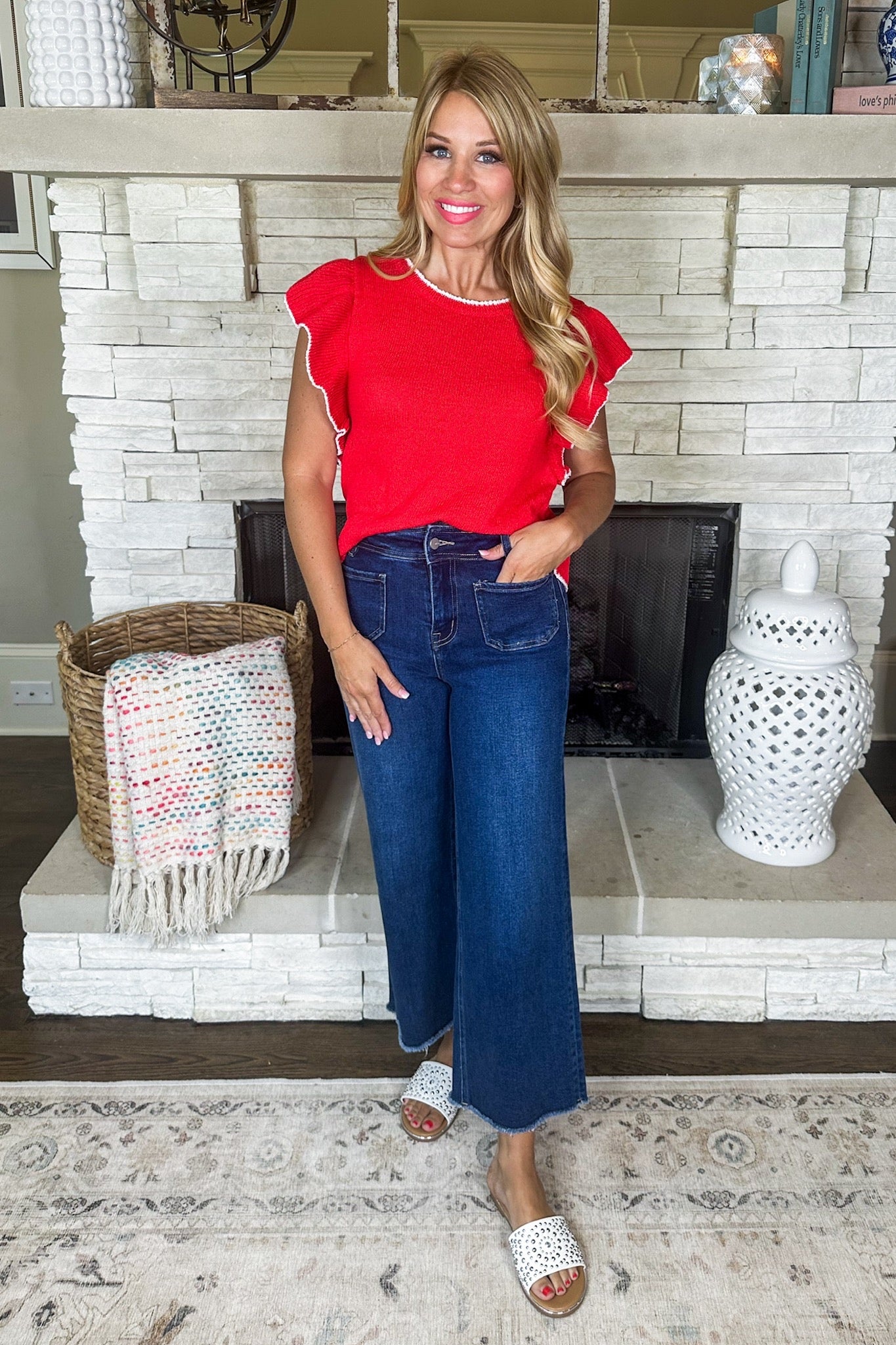 White Trim Ruffle Sleeve Knit Top in Red