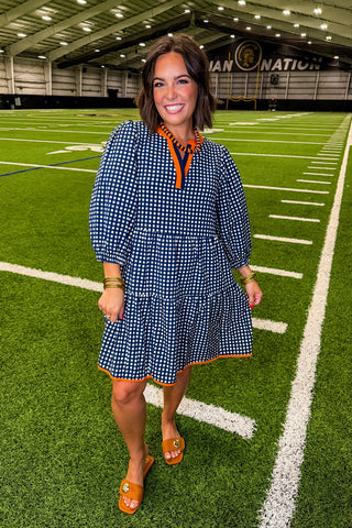 The Cooper Dress in Gingham Navy/Orange by Mary Square
