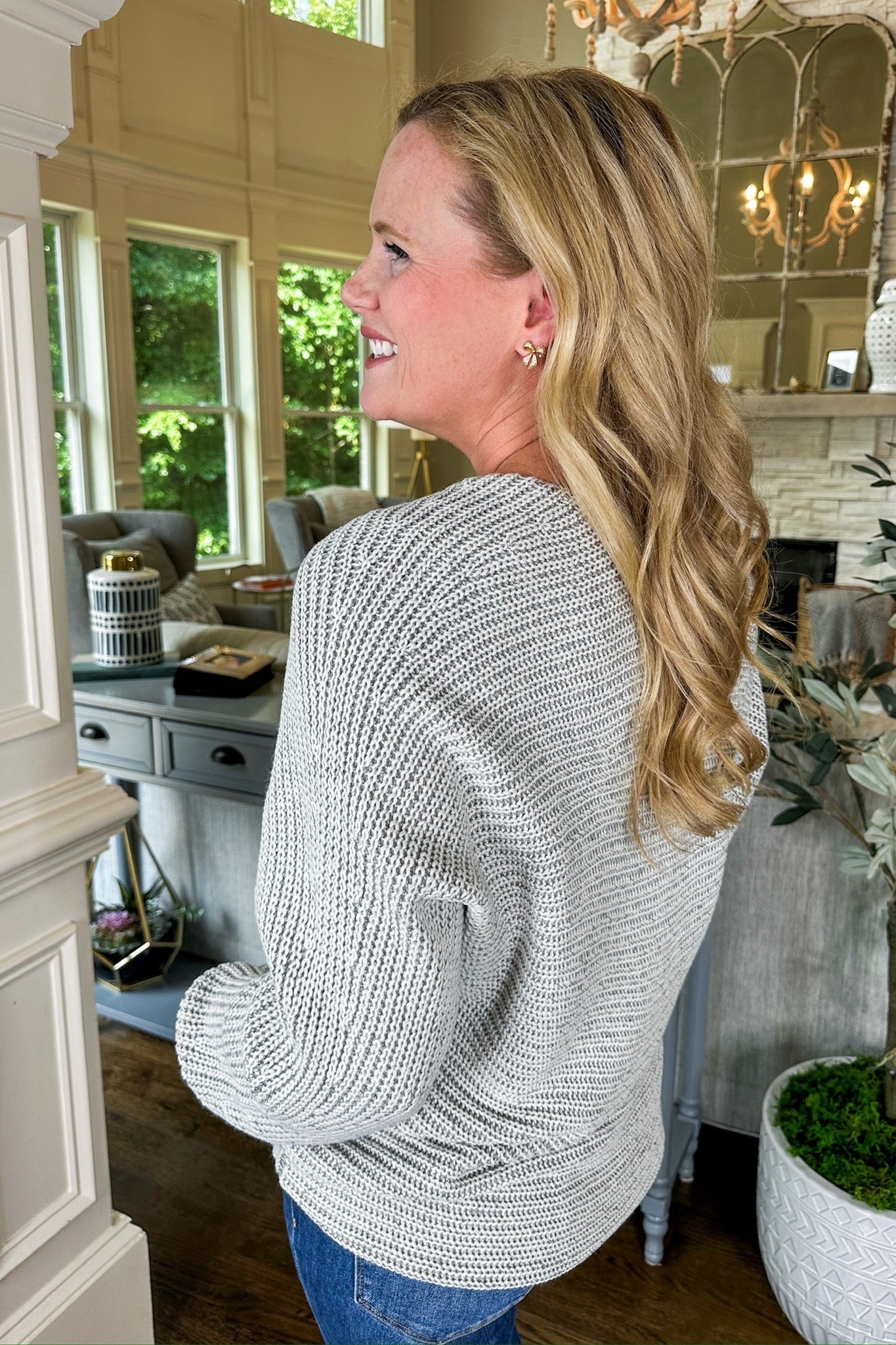 Cozy Knit Heather Grey V Neck Sweater