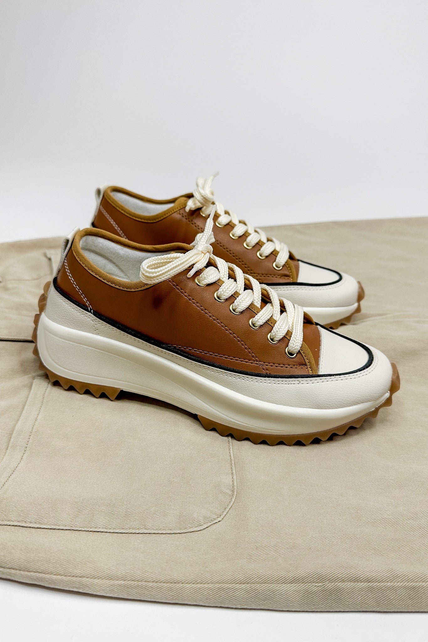 Camel Leather Lace Up Chunky Sole Sneakers