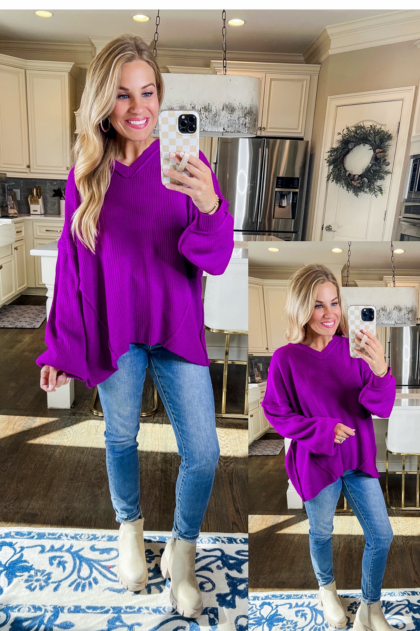 Waffle Knit Raised Seam Sweater Top in Magenta