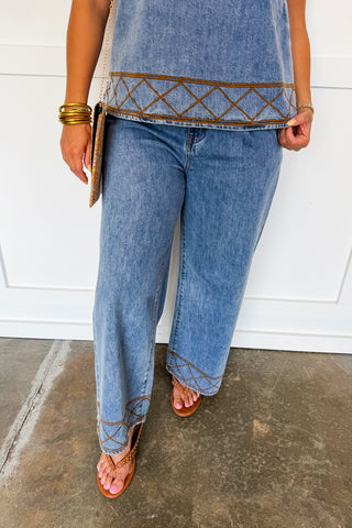 Denim Days Stitch Embroidery Pant Set