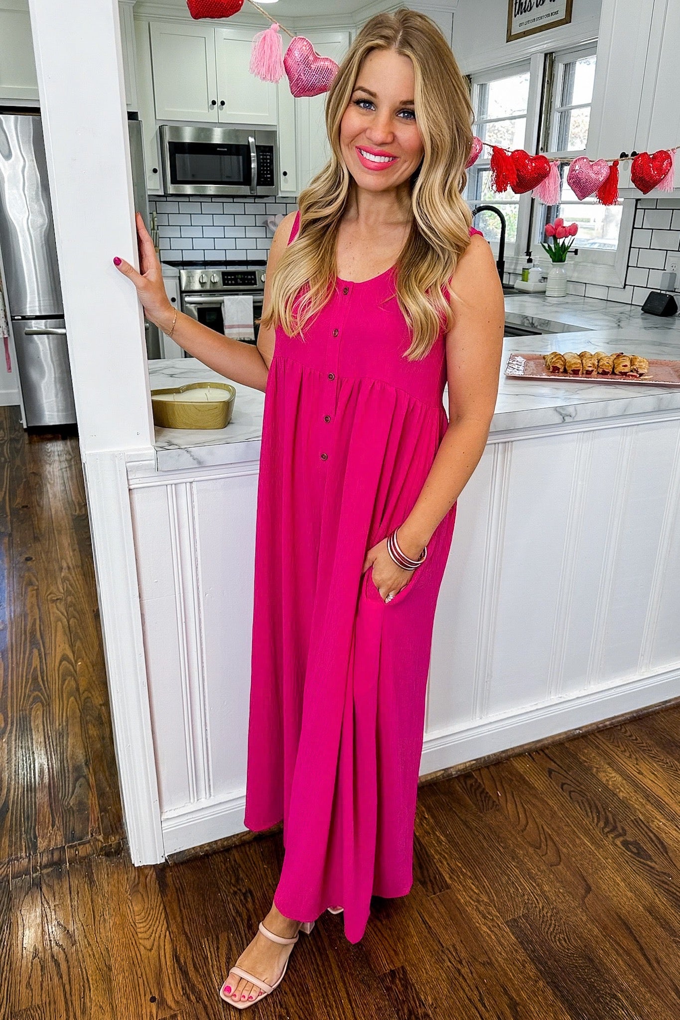 Button Front Pocketed Wide Leg Sleeveless Jumpsuit in Magenta