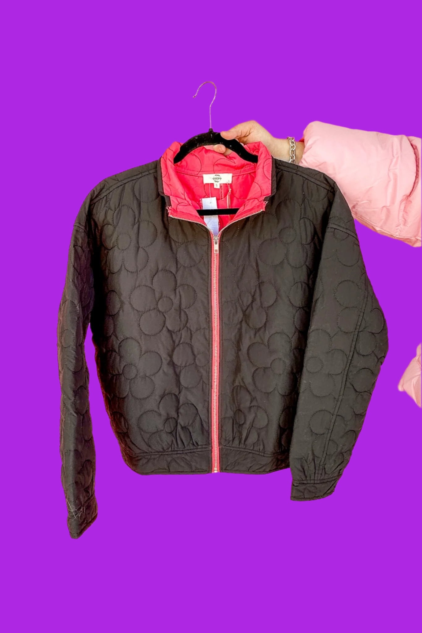 Pink Lined Pocketed Black Flower Quilted Jacket