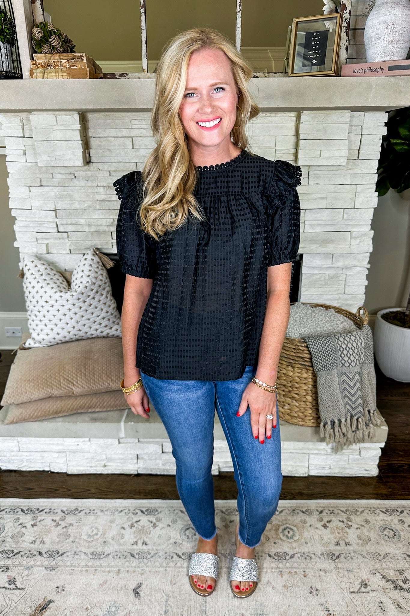 Gingham Texture Lace Trim Black Top