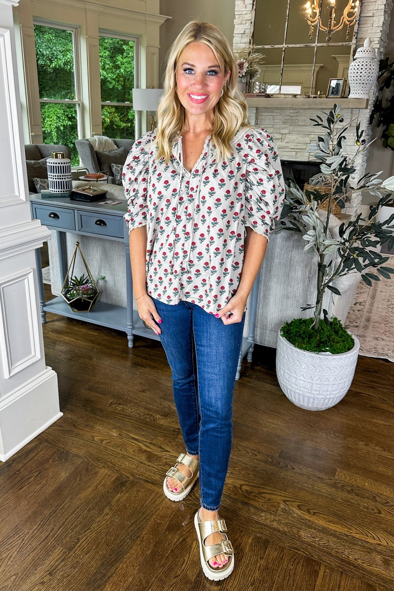 Scallop Lace Trim Puff Sleeve Red Flower Taupe Top