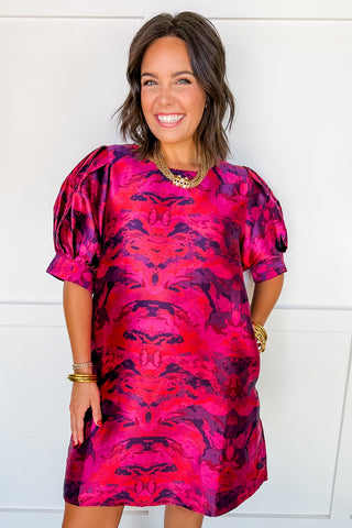 Mixing It Up Puff Sleeve Dress in Magenta
