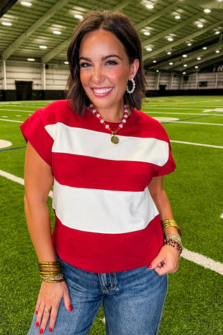 Kickoff Color Block Top in Crimson & Ivory
