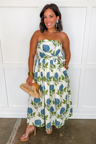 The Emily Strapless Midi Dress in Hydrangea