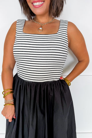 Modern Grace Stripe Bubble Hem Midi Dress in Black