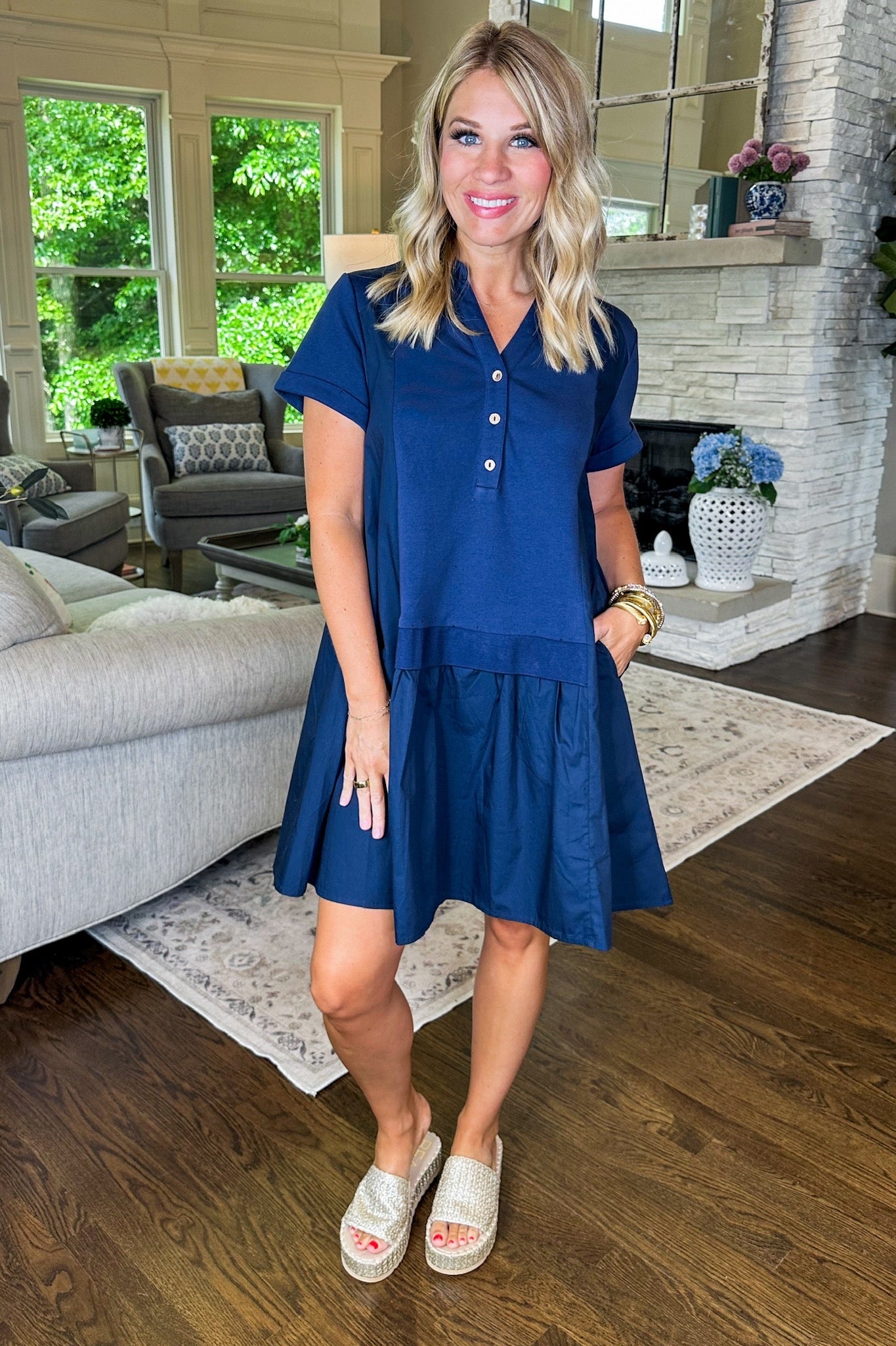 Collared Drop Sleeve Contrast Dress in Navy
