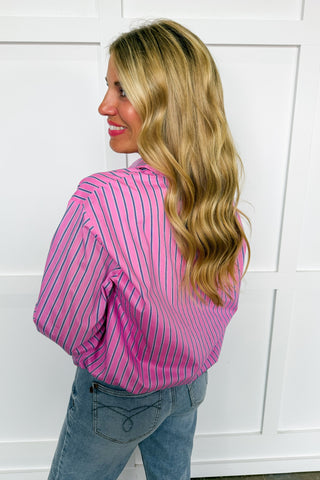 Morning Meeting Pink & Navy Stripe Button Front Top