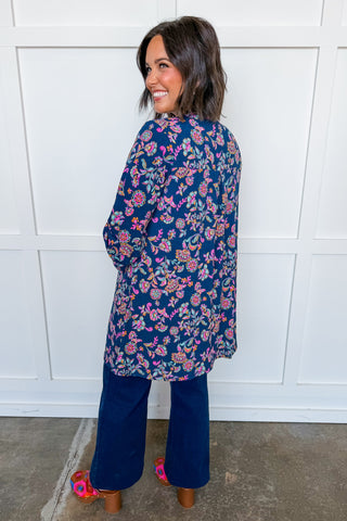 Dear Scarlett Lizzy Gather Sleeve Cardigan in Navy Floral