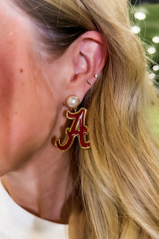 Alabama "A" Pearl Dangle Earrings By Michelle Mcdowell