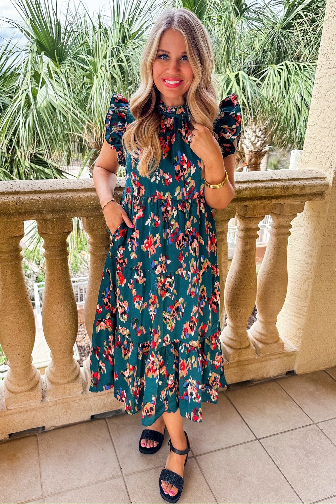 Teal Abstract Floral Tiered Satin Midi Dress by THML