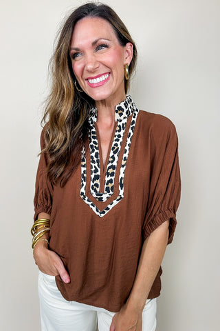 The Sarah Cheetah Print V Neck Top In Caramel