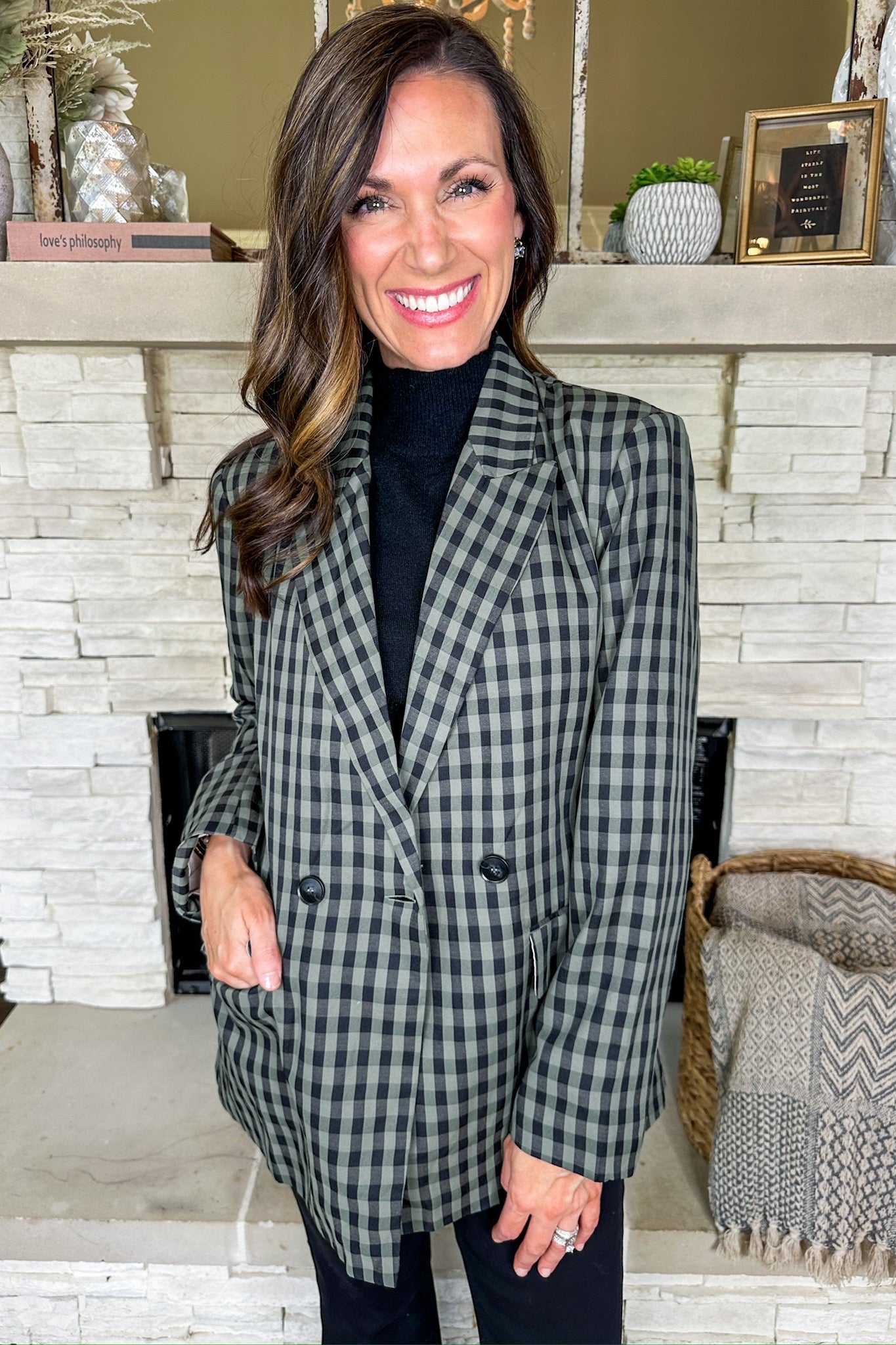 Green/Black Gingham Print Pocketed Button Blazer