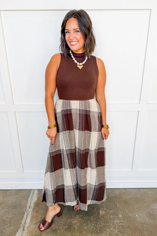 The Berkley Burgundy Plaid Midi Dress in Brown