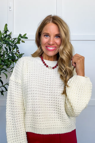 Dear Scarlett Bella Waffle Knit Crewneck Sweater in Ivory