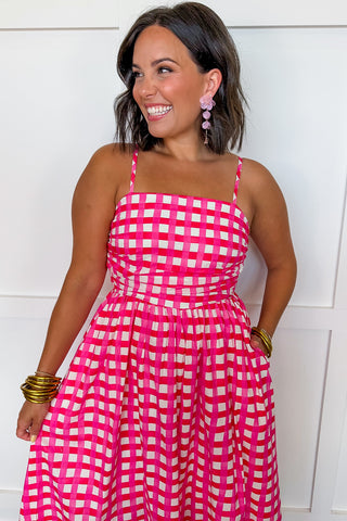 Bright Days Gingham Midi Dress in Pink