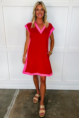 Easy Contrast Throw On & Go Dress in Red + Pink