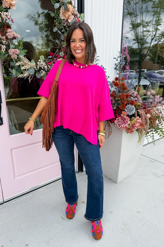 Casually Cute Oversized Knit Top in Fuchsia