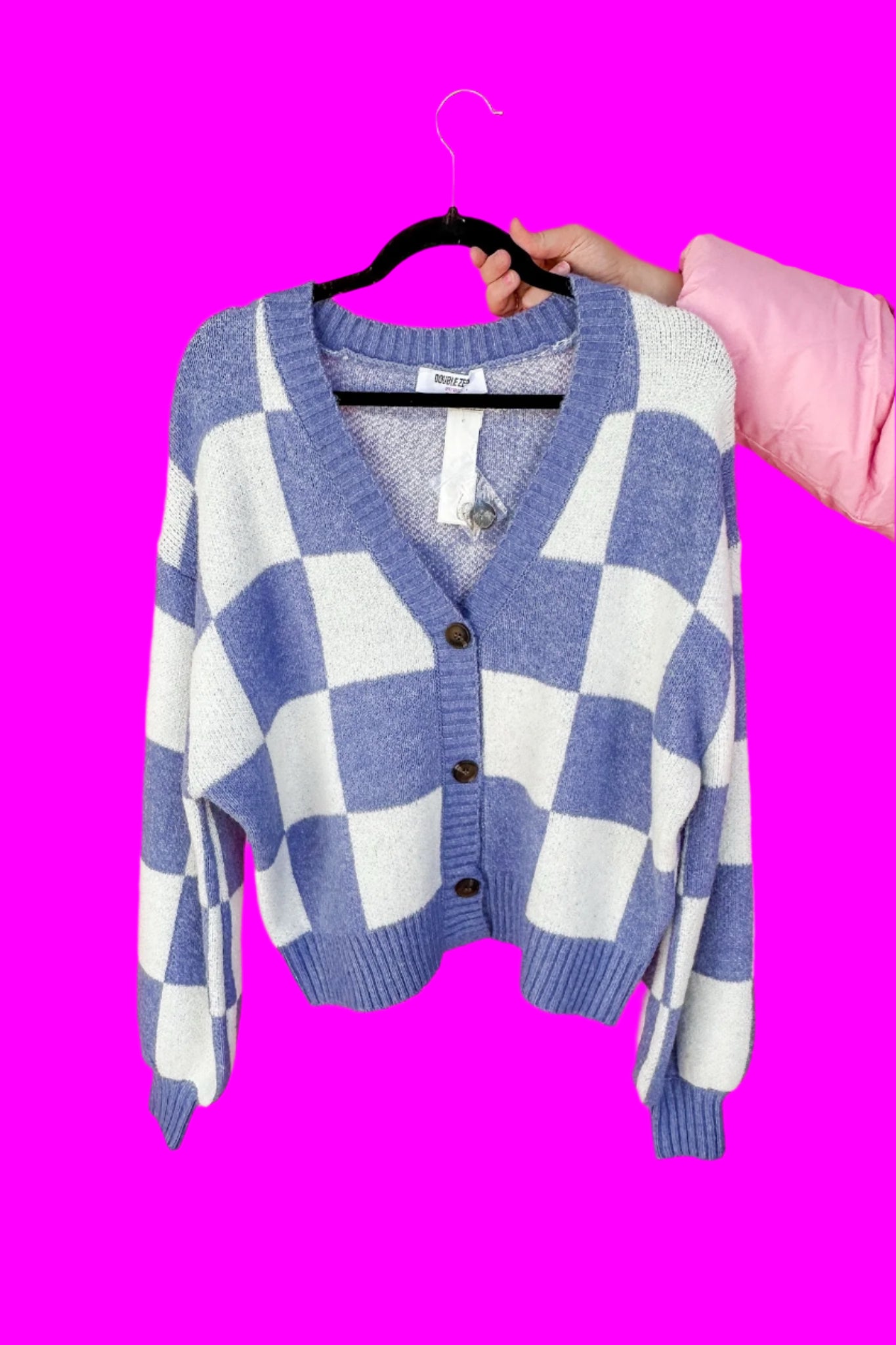 Soft Blue Checkered V Neck Button Down Sweater Cardigan