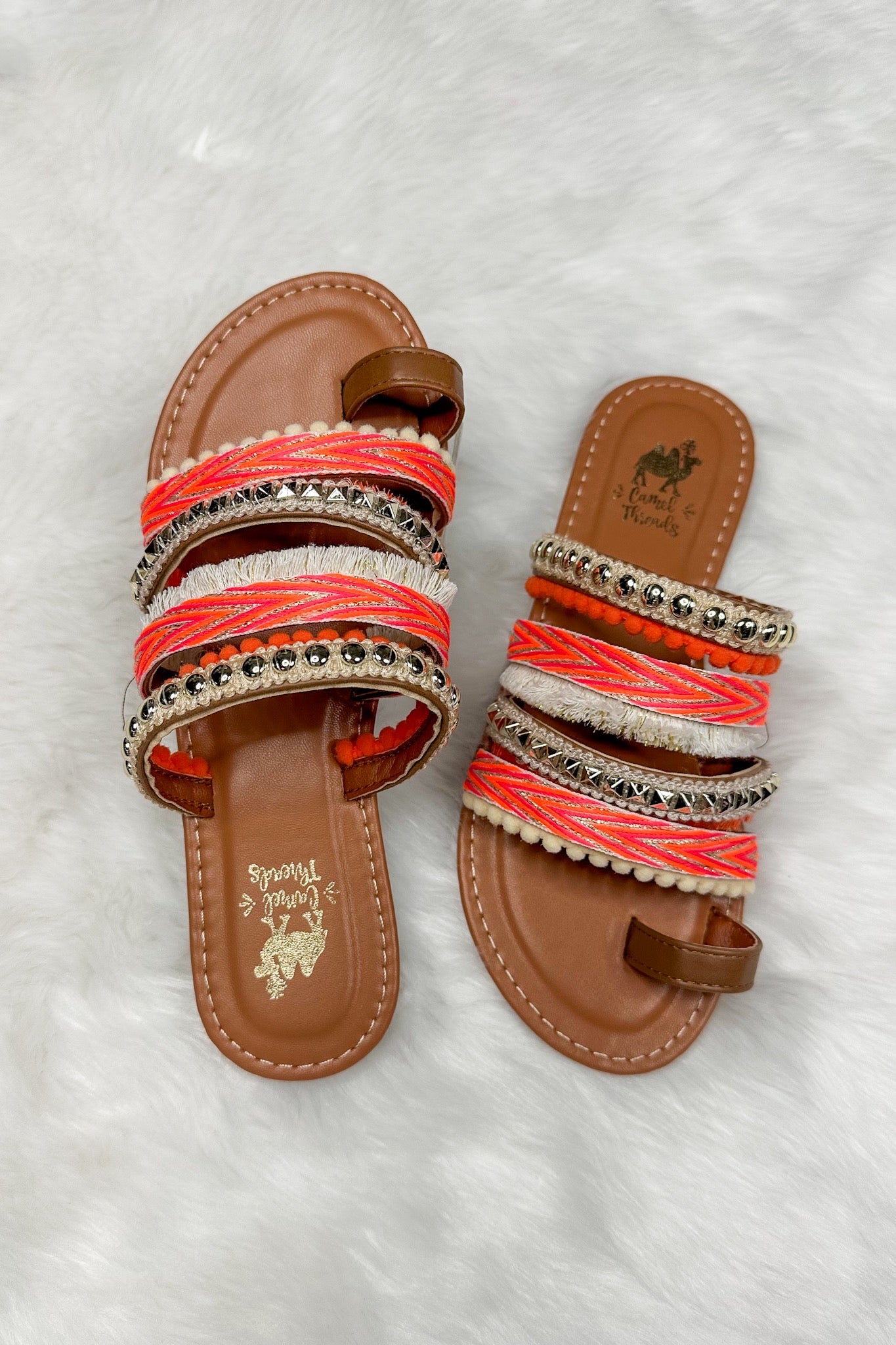 Multi Strap Boho Woven Studded Camel Threads Sandal in Coral