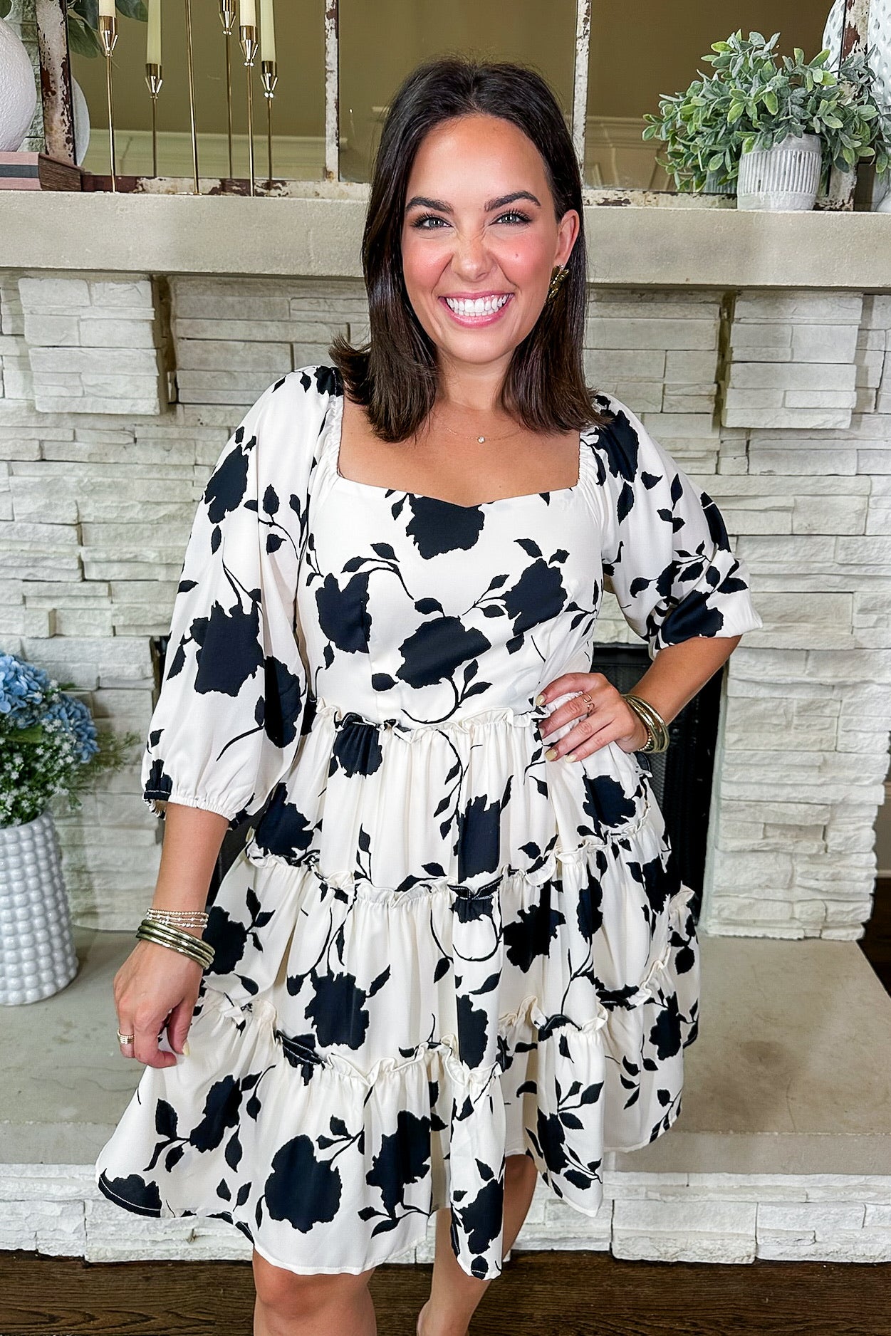 Cream & Black Floral Tiered Mini Dress Cream & Black Floral Tiered Mini Dress