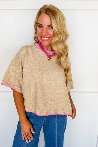 The Josie Pink Contrast Stitch Knit Top