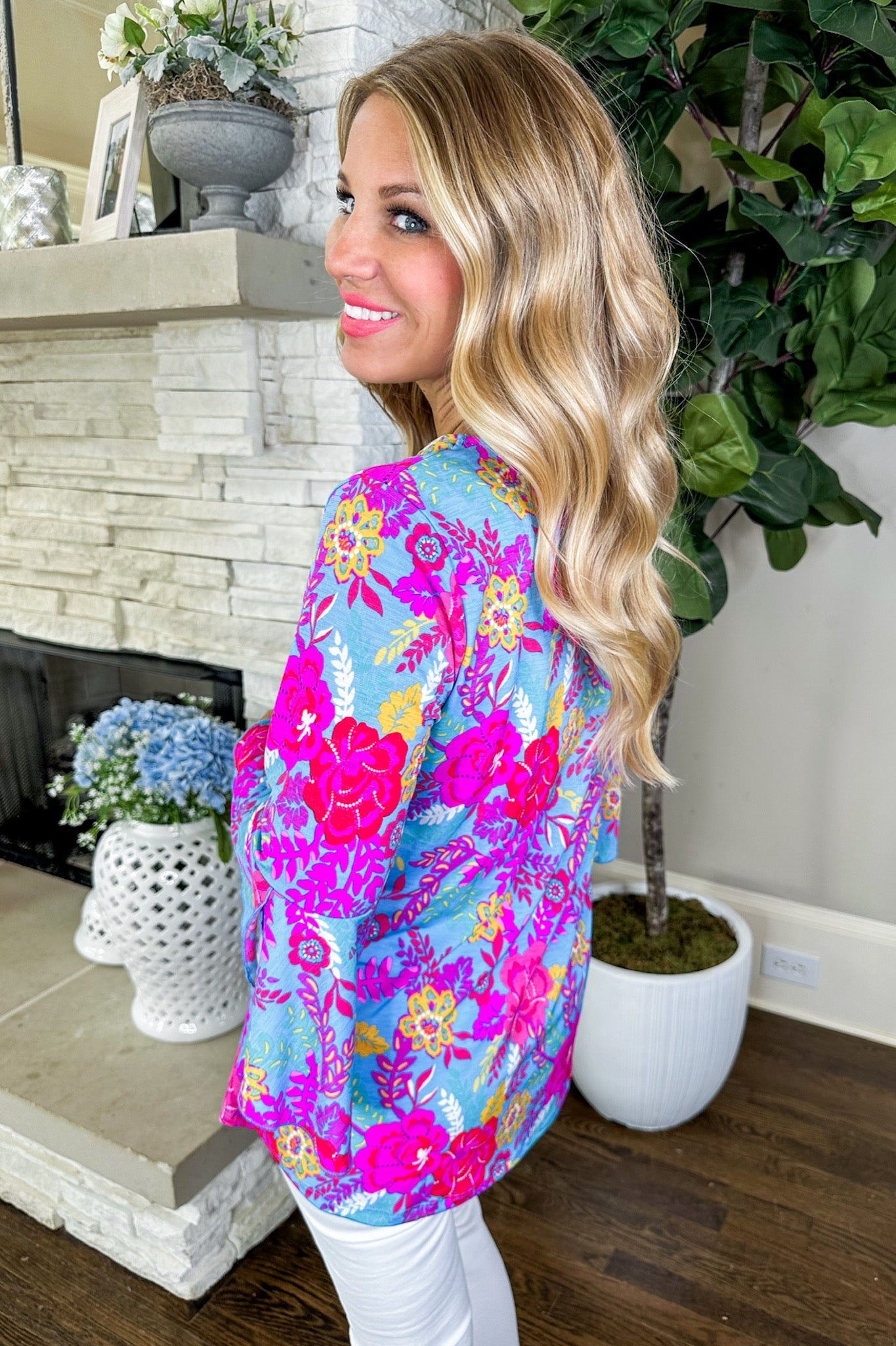 The Hallie Top in Pink Yellow Floral
