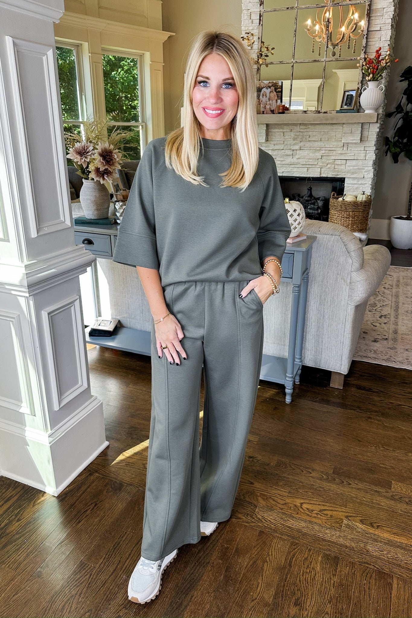 Comfy High End Oversized Travel Top & Pants Set in Olive