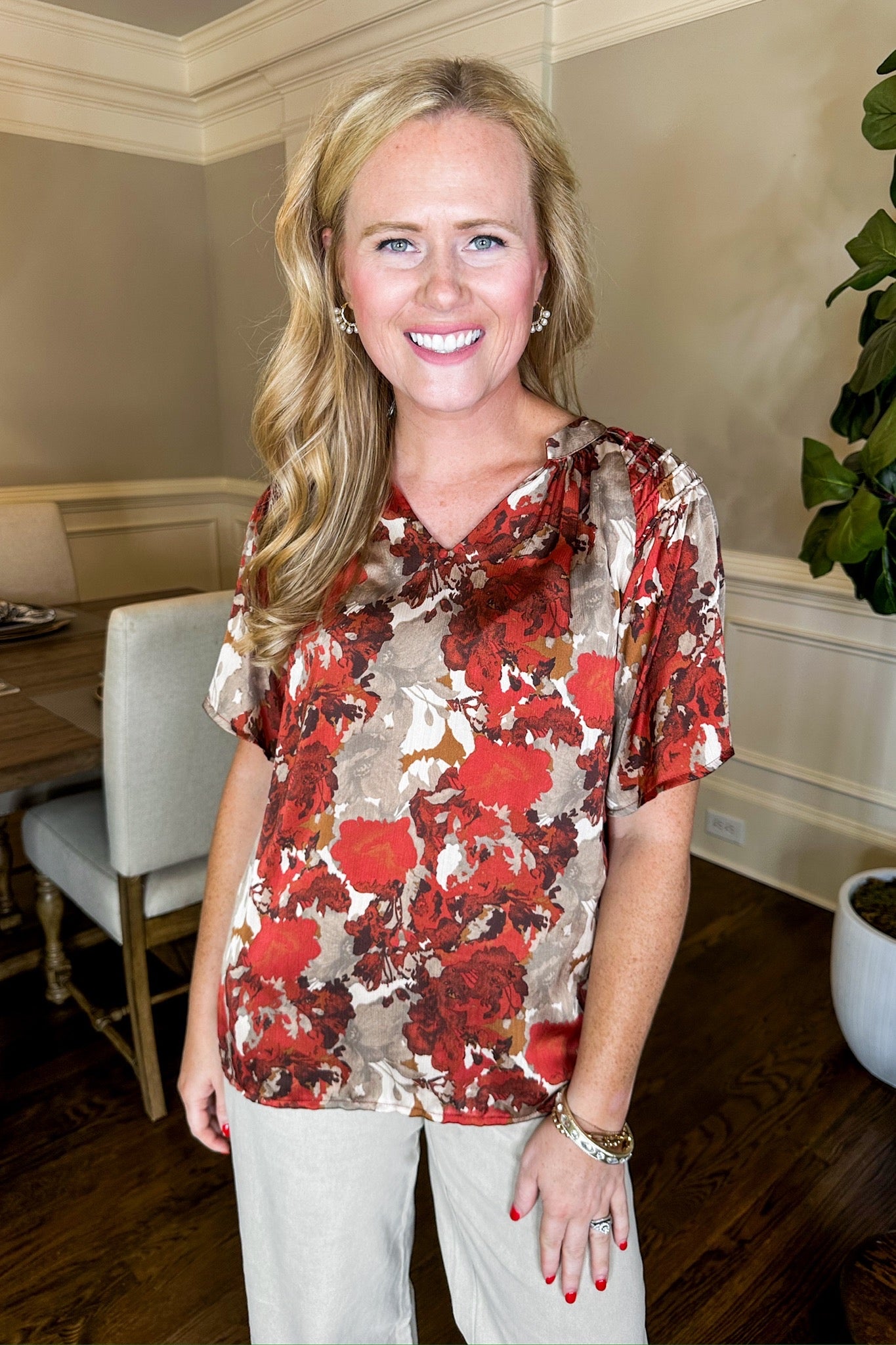 Satin V Neck Rust Floral Shift Top