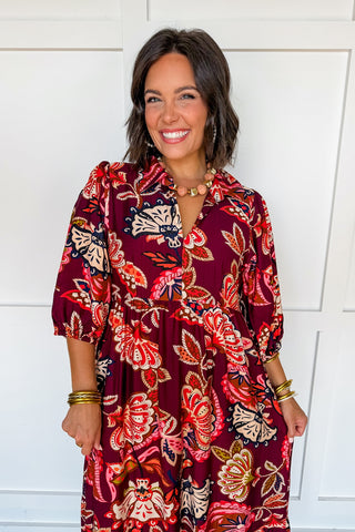 Talk Of The Town Paisley Midi Dress in Burgundy