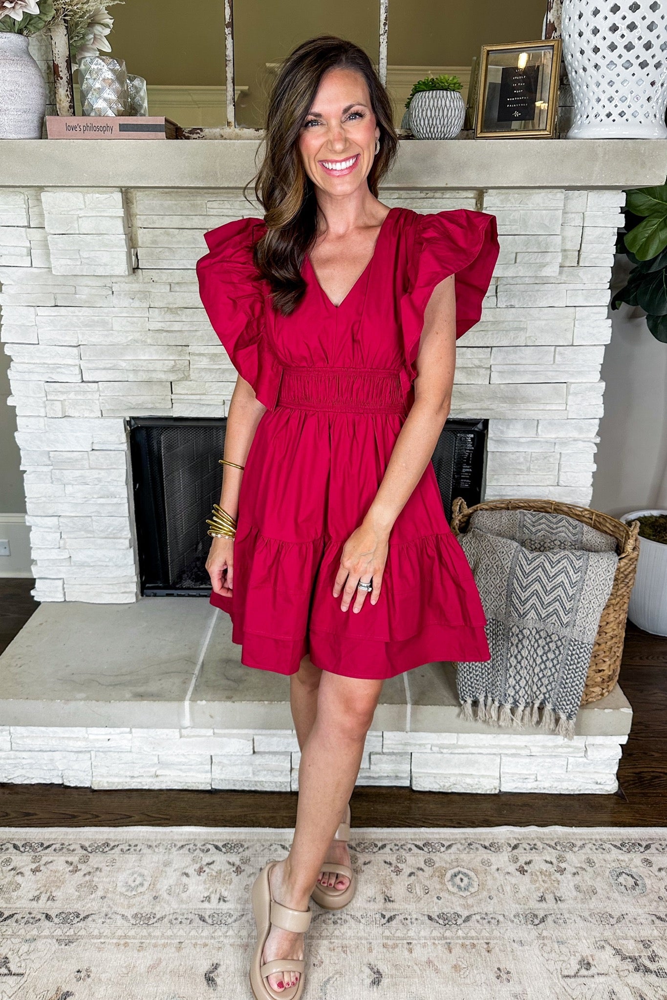 Crimson Pleated Waist Ruffle Sleeve V Neck Dress