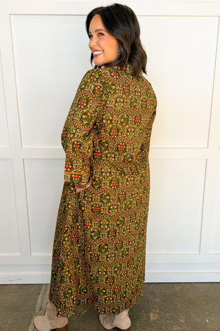 Floral Mosaic Contrast Trim Midi Dress in Olive & Toffee