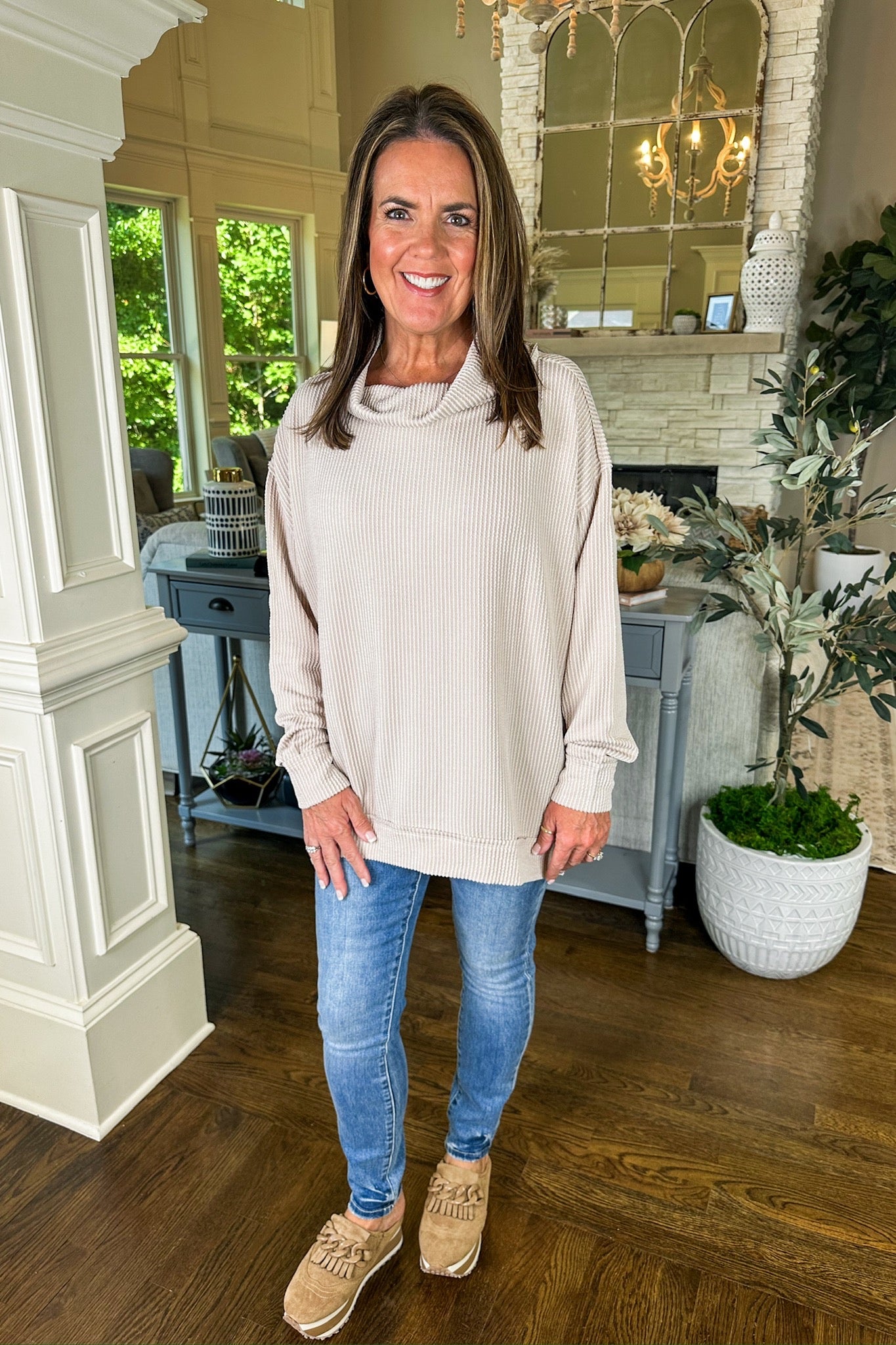 The Hadley Ribbed Cowl Neck Long Sleeve Top in Oatmeal